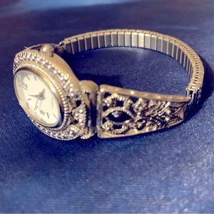 Avon filigree watch - silver tone & jet rhinestone